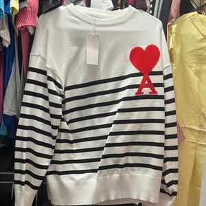 Ami White & Black Striped Crewneck Sweater with Red Heart 'A'
